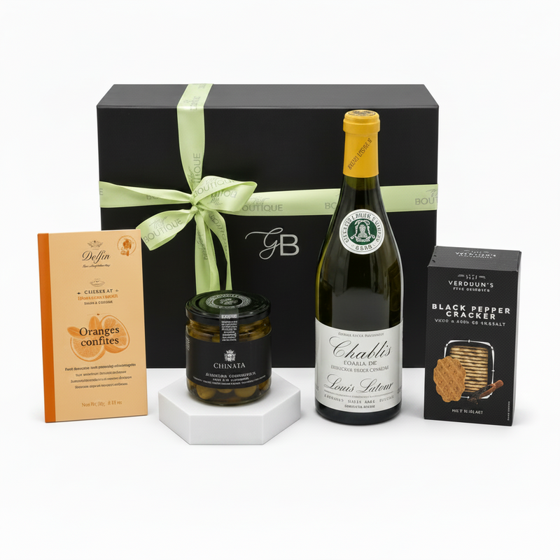 Wine bottle with gift box and snacks