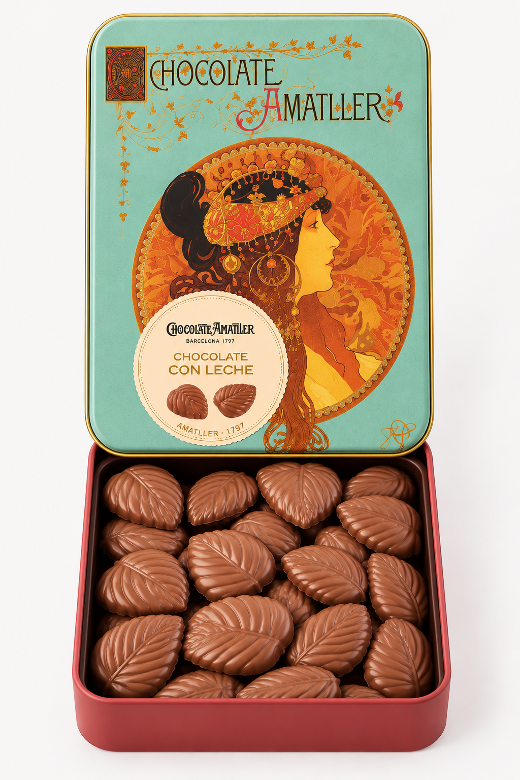Lata de hojas de chocolate con leche Amatller 60g