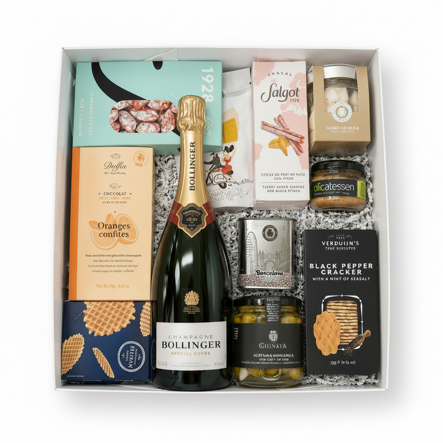 Bollinger Special Cuvée champagne gift box with gourmet snacks, chocolates, and artisan crackers in a white gift box