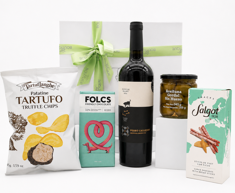 The Thank You Box — red wine gift box with truffle chips, cured sausages, olives, and artisan chocolate in a signature gift box