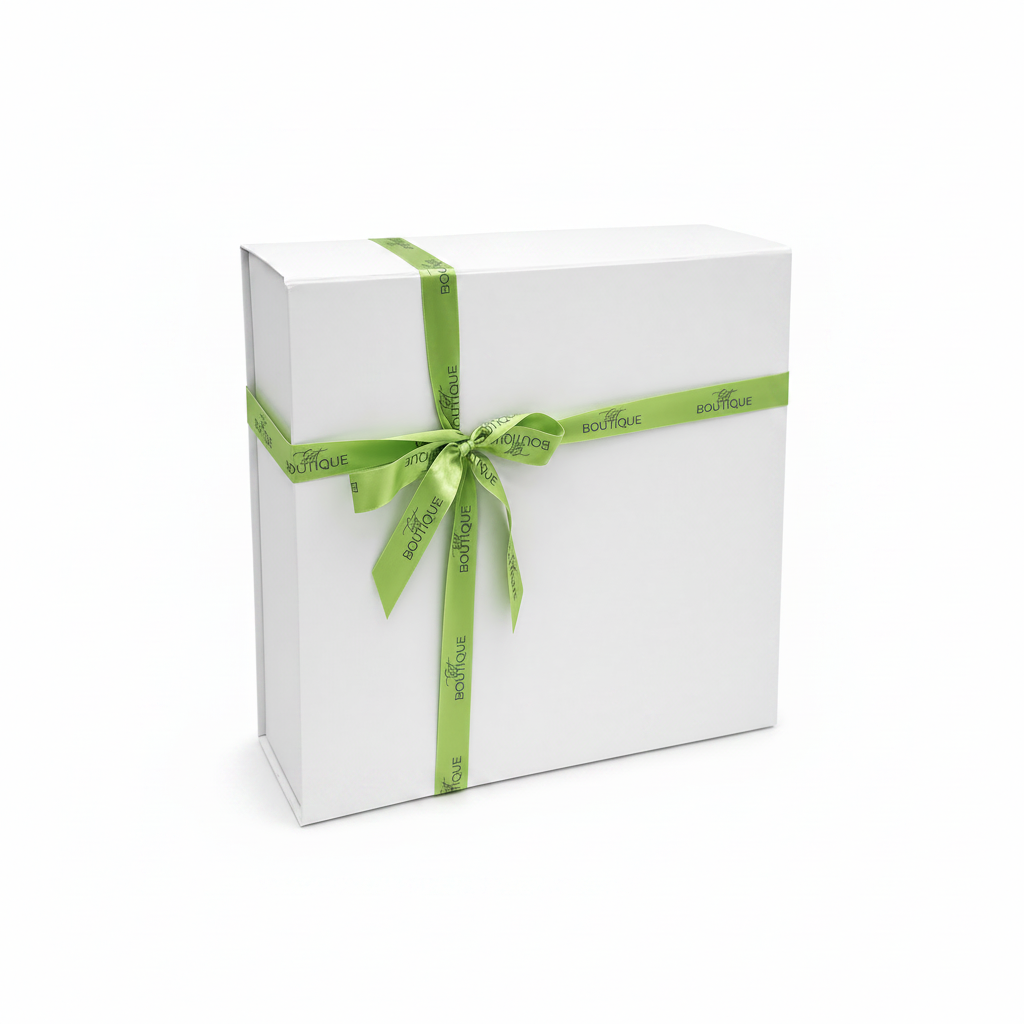 White gift box with a green ribbon and 'Gift Boutique' branding on a white background