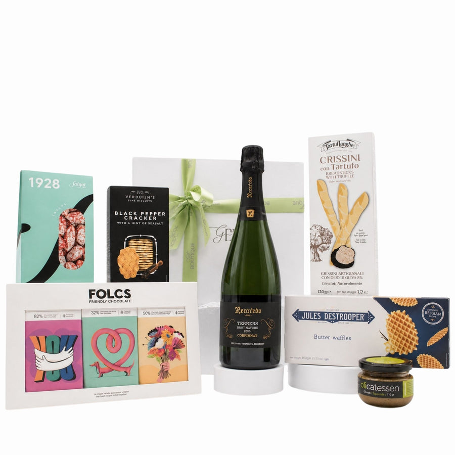 The Appreciation Box — cava gift hamper with truffle grissini, sliced fuet, butter waffles, and chocolate in a signature gift box